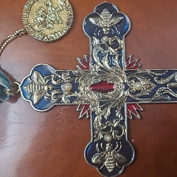 Kurt Adler Vatican Library Collection Enamel Pearls Cross Ornament Red/Blue - Picture 5 of 8